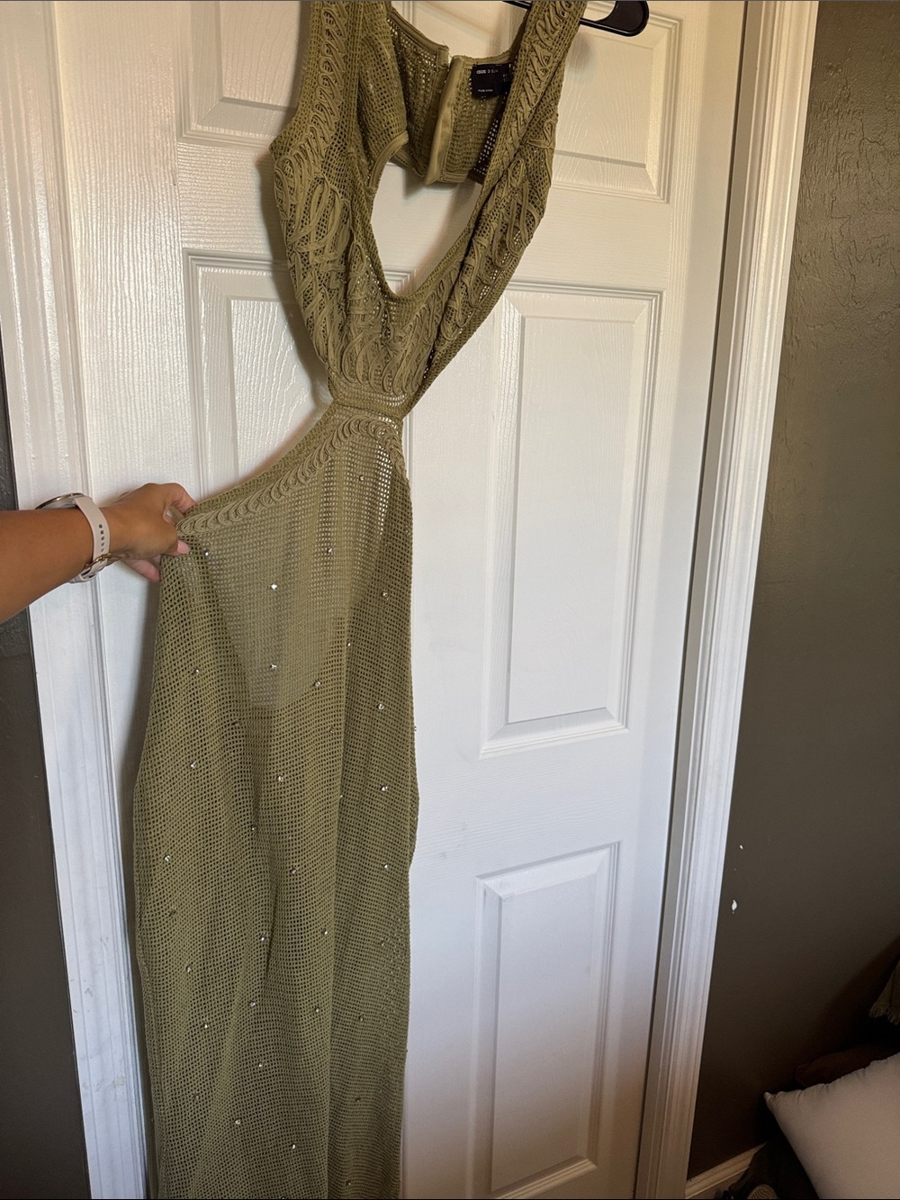 ASOS Olive Green Knit Open-Back Maxi Dress with Embellishments